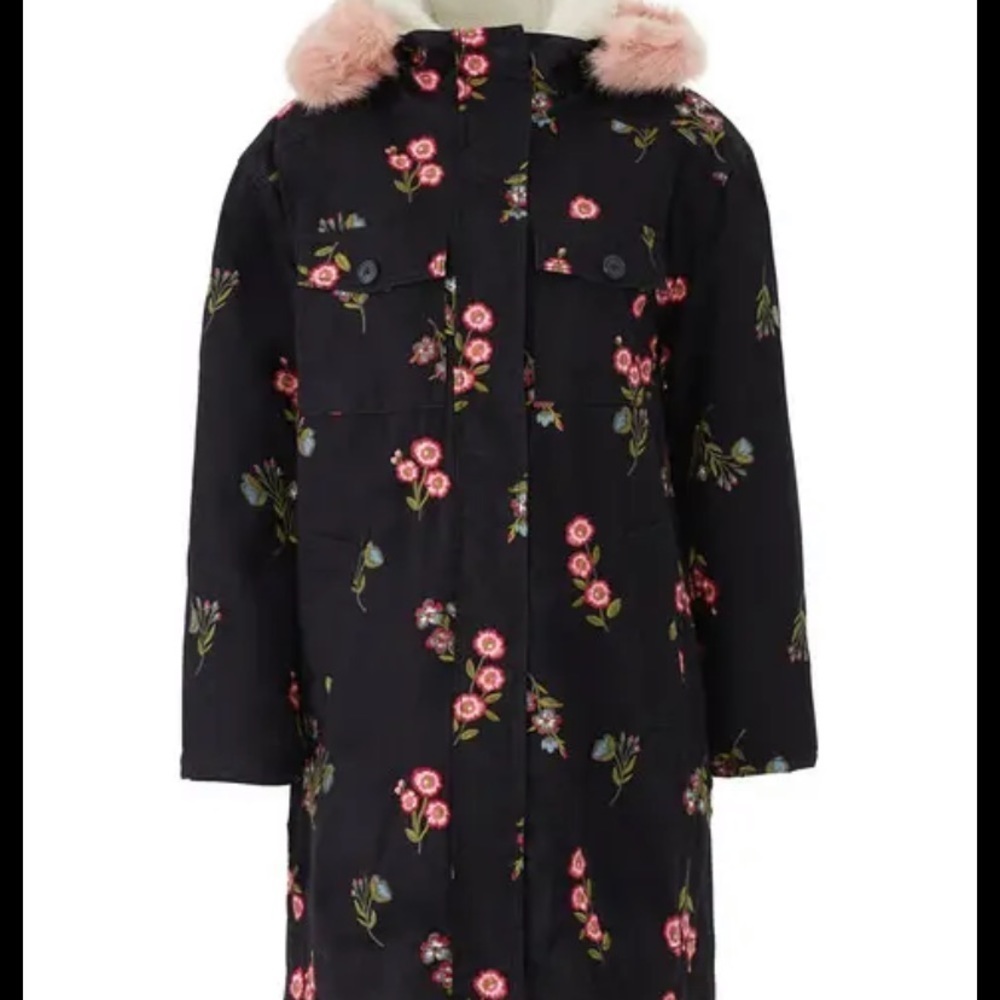 Kate Spade Black Floral Jacket with Pink Fur Trim - Picture 4 of 11